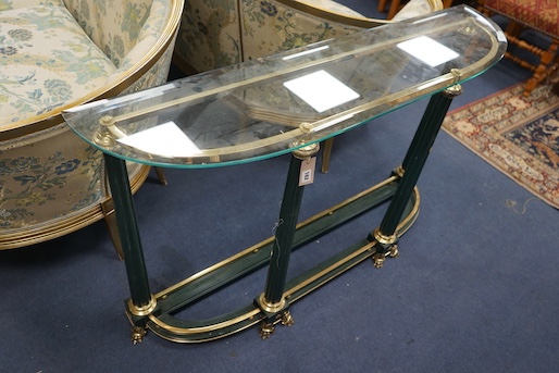An Empire style brass mounted glass top D shaped console table, length 130cm, depth 31cm, height 76cm